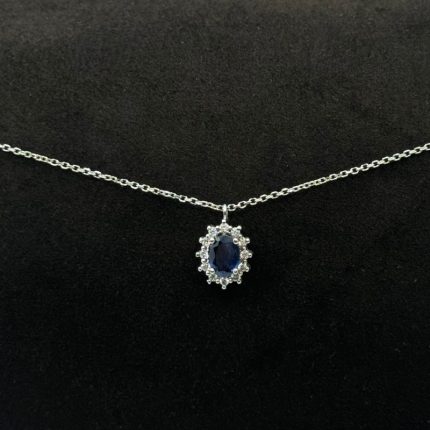 Collana Oro Bianco 18 kt Diamanti e Zaffiro