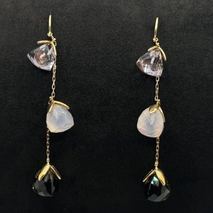 Orecchini Pendenti Comete Oro Giallo 18 kt Ametista, Quarzo Rosa e Quarzo Fumè